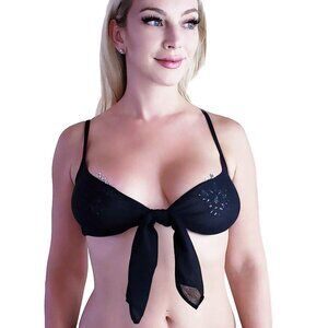 Cropped Tank Top, Tie Front in Semi Sheer Jersey Knit, Black